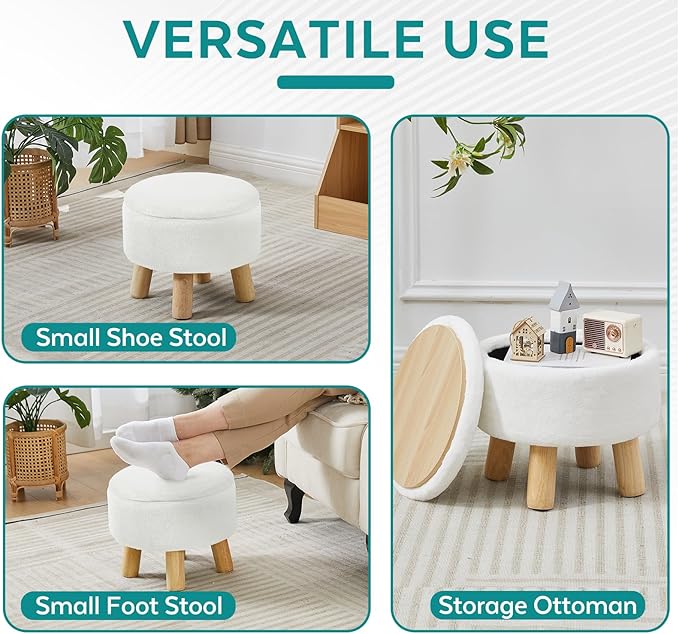 Small Foot Stool Ottoman with Storage, Soft Faux Fur Ottoman Foot Rest for Couch, Round Footstool with Storage, Small Ottomans and Footstools for Living Room and Entryway (White)