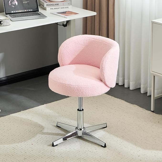 VINGLI Cute Small Swivel Desk Chair Comfy no Wheels,Ergonomic Low-Back Lumbar Support Vanity Nail Tech Computer Task Stool Girls Women Kids Chair for Home Office,Height Adjustable,Teddy Fleece,Pink