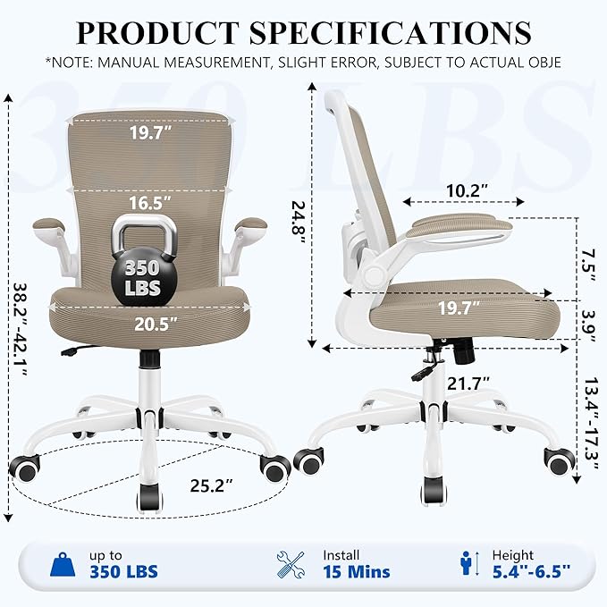 FelixKing Office Chair, Ergonomic Desk Chair Breathable Mesh Chairs Adjustable High Back Lumbar Support Flip-up Armrests, Executive Rolling Swivel Comfy Computer Chairs Home Office Khaki