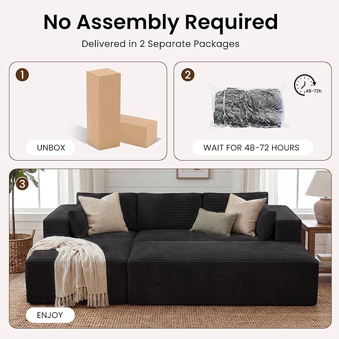 GRUSIGN 106" Oversized Sectional Boneless Sleeper Sofa Bed Couches for Living Room, Modular L Shaped Couch with Left Facing Chaise & Big Ottoman, Compressed Spineless Corduroy Cloud Sofas, Black | Deep Seat, Cat-Claw Resistant, High-Resilience Foam, Fl...