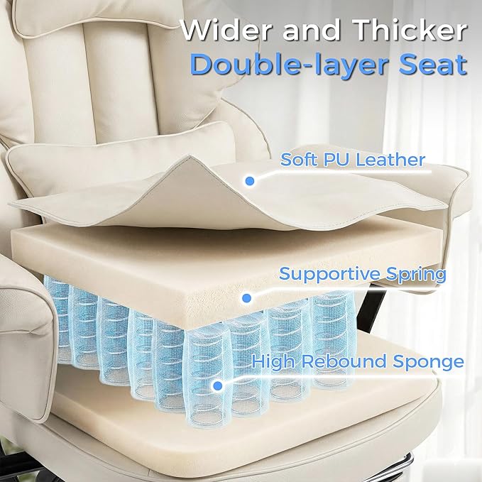 Big and Tall Massage Office Chair with Heat, Extra Wide Double-Layer Pocket Spring Cushion, High Back Reclining Gaming Chair with Adjustable Armrests & Footrest, Heavy Duty Ergonomic Chair, White