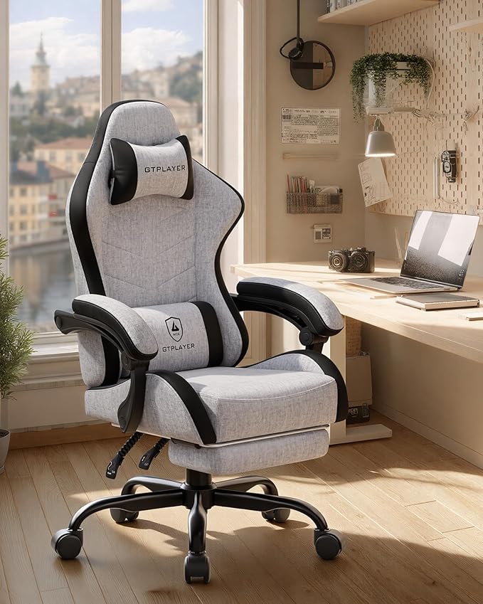GTPLAYER Gaming Chair with Footrest, Computer Gaming Chair for Adults and Kids, Height Adjustable Gamer Chair with 90-155° Recline & Removable Headrest Lumbar Support,Linen Fabric Gray-Black