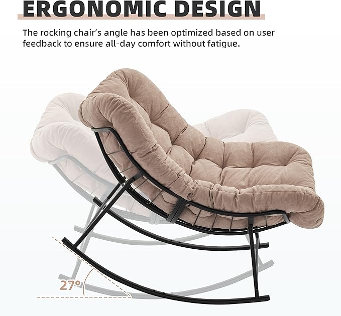 Oversized Rocking Chair Indoor, Papasan Rocking Chair Outdoor, Lounge Chair with Cushion, Patio Egg Rocker Chairs, Comfy Reading Chairs for Bedroom, Living Room, Garden, Lawn, Khaki