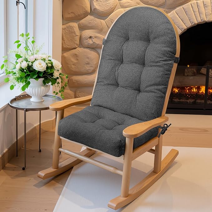 Rocking Chair Cushion - Lola Cotton-Linen Fabric, High-Density Sponge, Durable Comfort Non-Slip Bottom Tufted Seat Pads with Ties, Lola︱Charcoal Gray, 44x19x4 inch