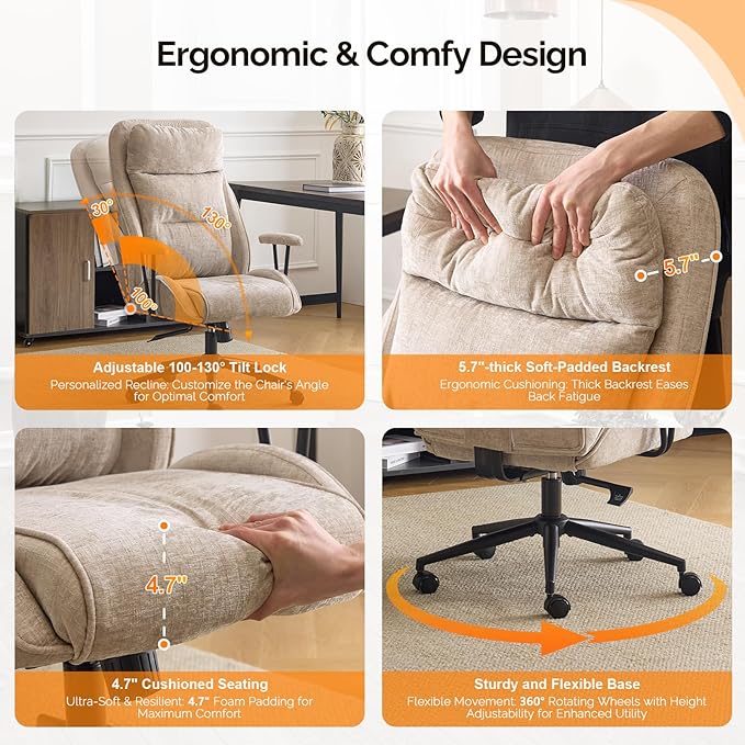VINGLI Chenille Executive Ergonomic Fabric Office Chair with 100-130° Recline, High-Back Desk Chair with Adjustable Base & Padded Back & Wheels, Comfy Chair for Gaming,Computer,Home Office,Light Khaki