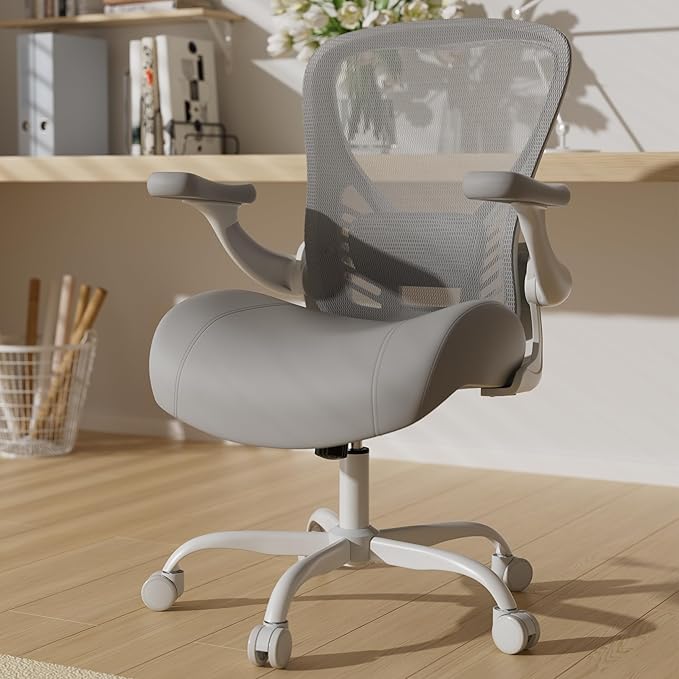 GYI Ergonomic Office Chair, Computer Desk Chair with Memory Foam Seat, Technical Mesh Back, 3D Flip-up Arms, Adjustable Lumbar Support&Height, Wheels for Home or Office, Grey White