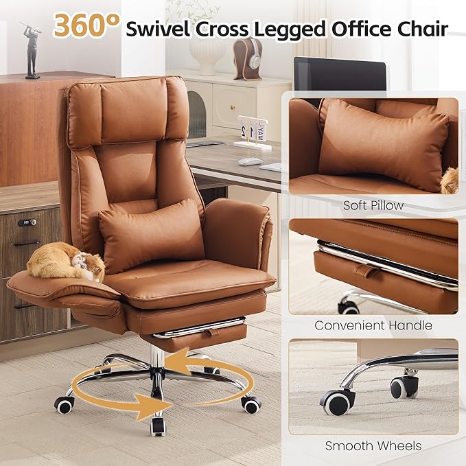 Big and Tall Office Chair, Cloud Reclining Office Chair with Footrest & Flip Armrest for Pets, Executive Ergonomic Criss Cross Desk Chair, Swivel Computer Gaming Chair with Lumber Pillow, PU Brown