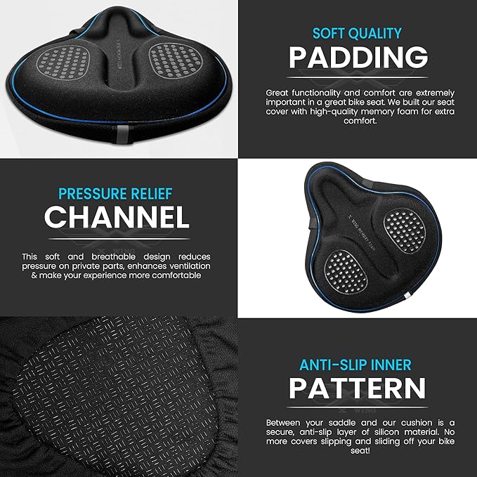 X WING Bike Seat Cover Padded with Memory Foam, Bicycle Saddle Soft for Men Women, Comfort Exercise Cycle Seats Cushion Padded Fits Stationary Bikes, Spin, for Indoor and Outdoor Cycling