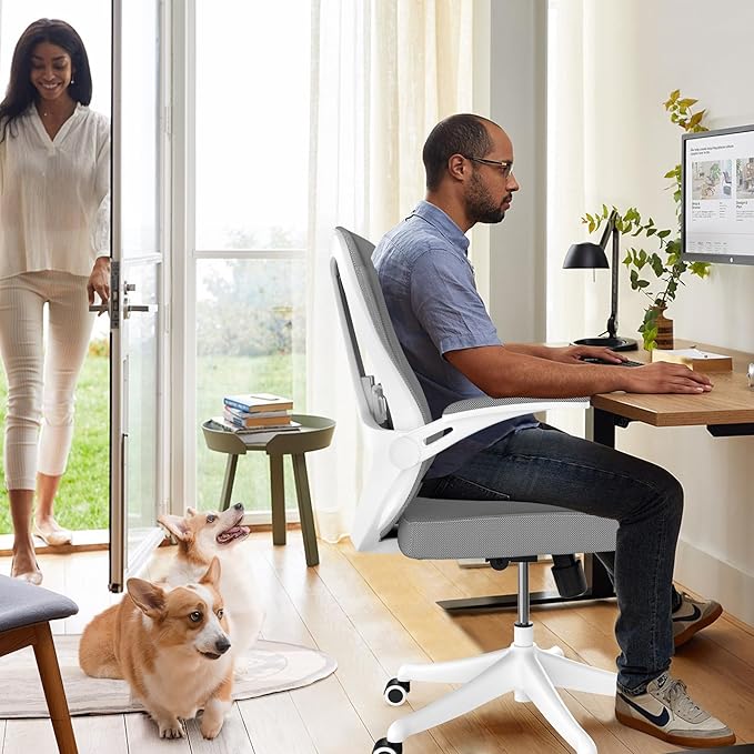350 LBS Ergonomic Office Computer Mesh Chair - Adjustable Height Rolling Desk Chair with Flip-Up Armrests & High Back Support - Comfortable Swivel Task Chair for Home Office (02GREY)