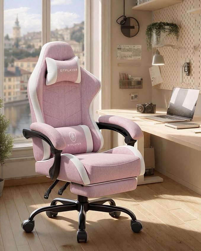 GTPLAYER Gaming Chair with Footrest, Computer Gaming Chair for Adults and Kids, Height Adjustable Gamer Chair with 90-155° Recline & Removable Headrest Lumbar Support,Linen Fabric Pink