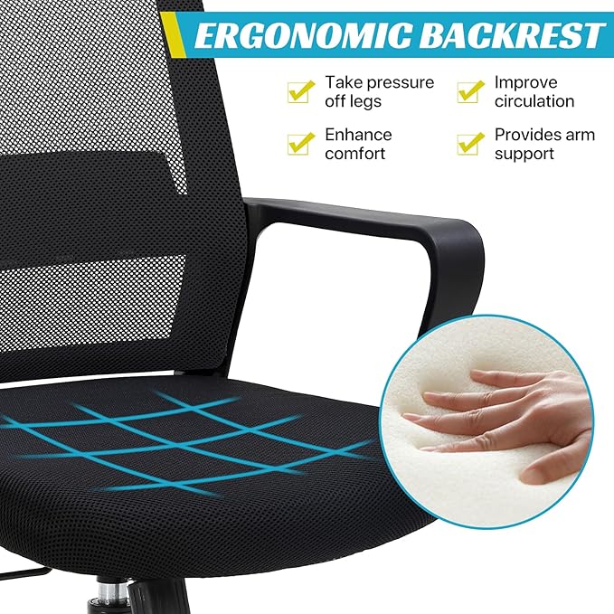 Ergonomic Office Chair, Breathable Mesh Desk Chair, Swivel Computer Chair with Wheels & Adjustable Height & Comfort Seat for Home Office, Gaming Room, Black