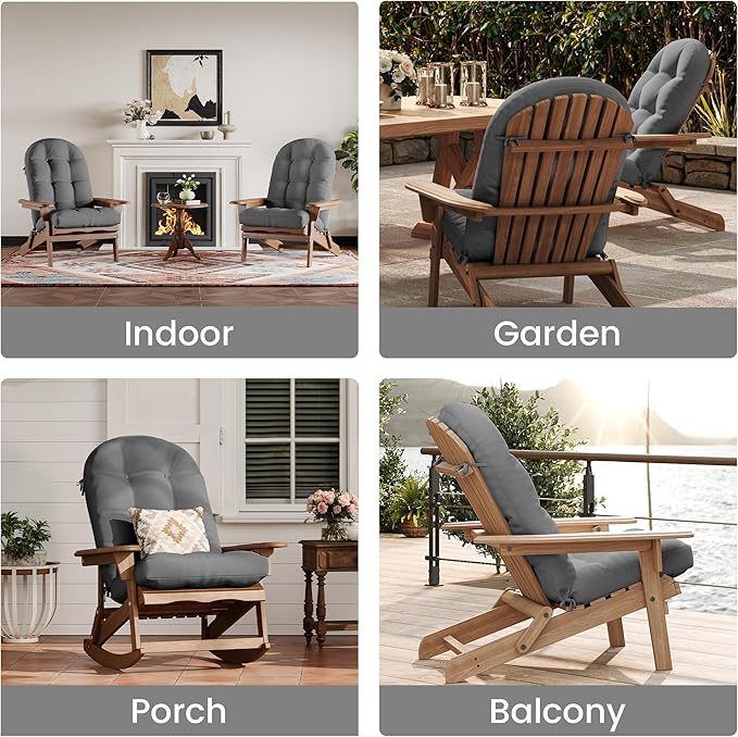 UDPATIO Adirondack Chair Cushion Set of 2 with Ties, Fade-Resistant High Back Outdoor Seat Cushions for Patio, Deck, Porch, Rocking Chairs & Lawn Furniture (Upper & Lower Lumbar Support)，Dark Grey