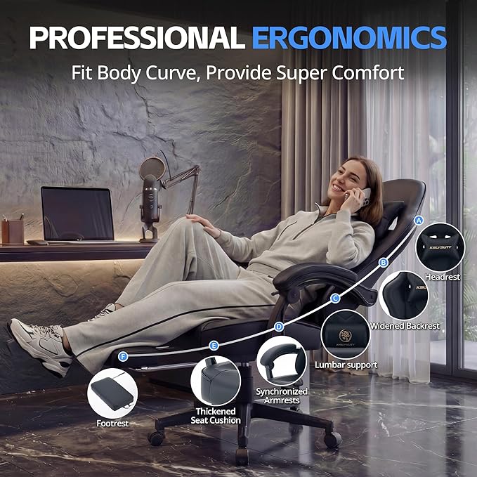 Desk Computer Gaming Chair - High Back Ergonomic Office Chair with Footrest and Lumbar Support, Swivel Comfy Home Gamer Video Game Chairs with Pocket Spring Cushion for Adults (Black Leather)
