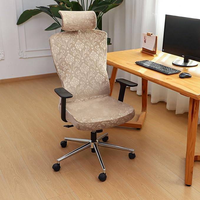 Ergonomic Office Chair Covers Set with Headrest Cover Velvet Embossing Camel Stretch Office Chair Cover with Headrest Washable-Velvet Embossing Camel