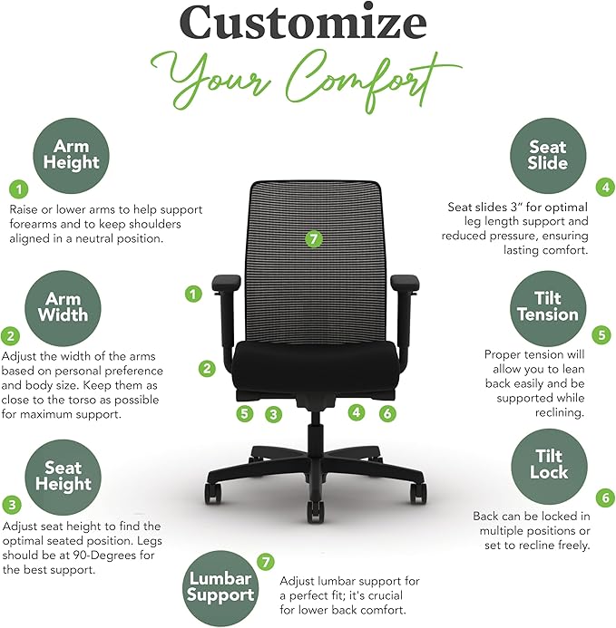 HON Ignition 2.0 Low Back Task Chair, Spectrum Mesh, Advanced Synchro-Tilt Control, Office Chair with Lumbar Support, Height and Width Adjustable Arms, Black Frame, Linen