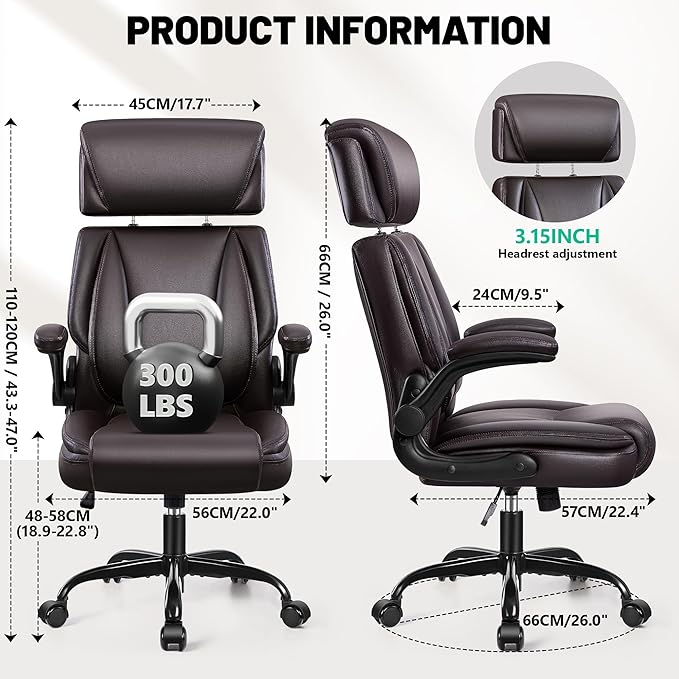BestGlory Ergonomic Office Chair, PU Leather High Back Desk Chair with Adjustable Headrest and Padded Flip-Up Arms, Lumbar Support Computer Chair for Home Office Gaming, Coffee