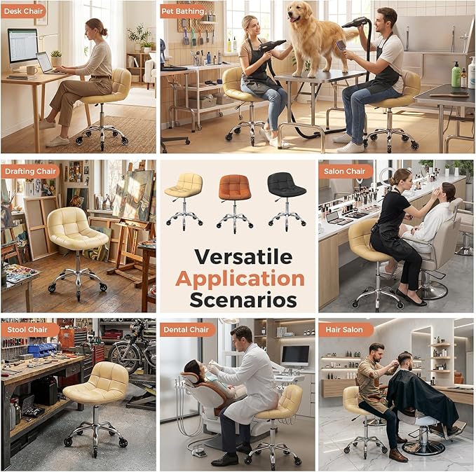 Rolling Stool Chair with Wheels, Height Adjustable Stool with Back Support, Office Drafting Chair with PU Leather Cushion for Home Office Kitchen Vanity Salon Garage Tattoo Dentist Esthetician(White)