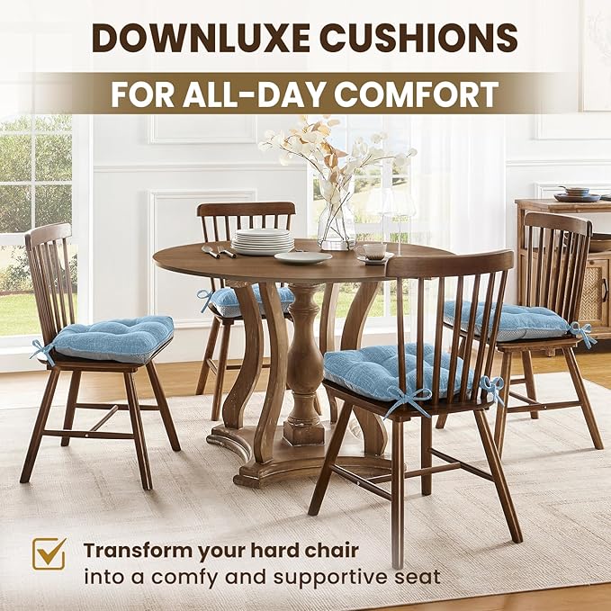 downluxe Indoor Chair Cushions for Dining Chairs, Tufted Overstuffed Textured Kitchen Chair Pads with Ties and Non-Slip Backing, 15.5" x 15.5" x 4", Light Blue, 4 Pack