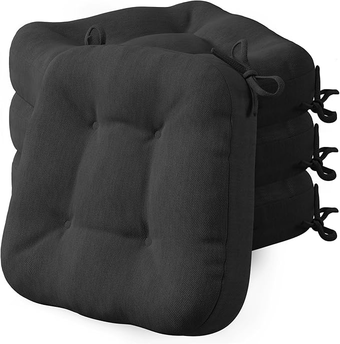 Codi Dining Chair Cushions 4 Pack, Thick Chairs Pads for Indoor Kitchen Room - Washable, Non-Slip Memory Foam Seat Cushion with Ties, 16.5"x16.5"x 3.5", Set of 4, Black New