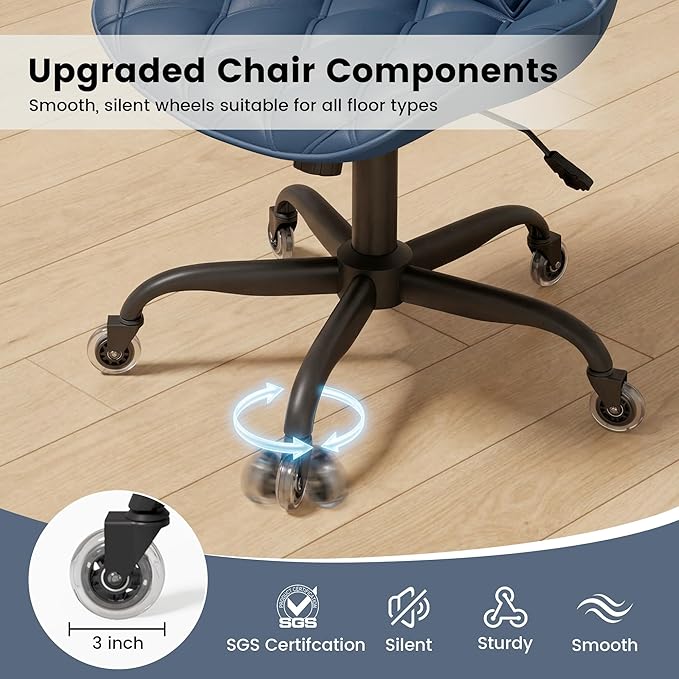 Armless Office Chair, Mid Back Modern Desk Chair with Rubber Wheels, 360 Swivel PU Leather Office Chair No Arms, Adjustable Height Small Computer Chair, Armless Desk Chair for Office, Navy Blue