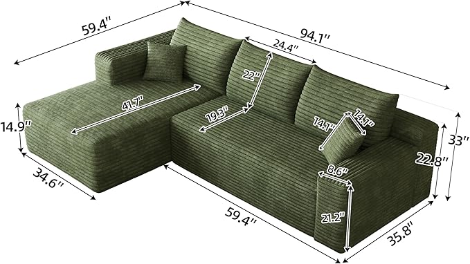 94" Green Boneless Couch with Left Facing Chaise for Living Room,Corduroy L-Shaped Sectional Couches,Compressed Memory Foam Cloud Sofa,No Assembly Required,Green