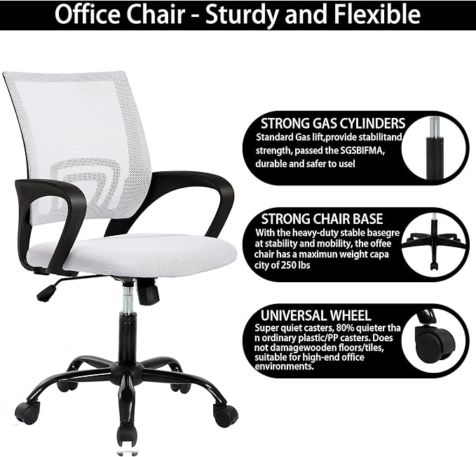 Home Office Desk Chair - Space-Saving Mesh Back with 360° Swivel & Height Adjustable (Easy Assembly), PVC Base, White
