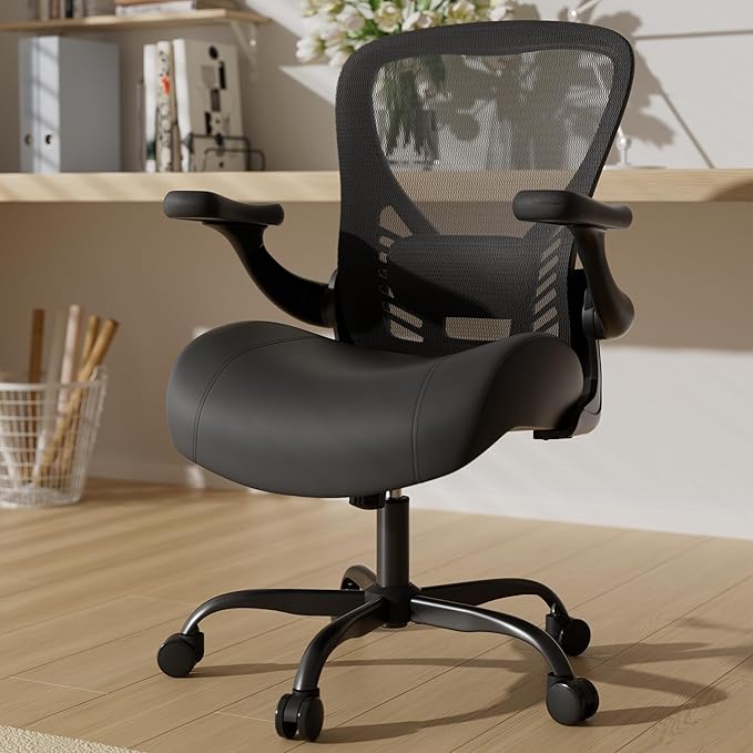 GYI Ergonomic Office Chair, Computer Desk Chair with Memory Foam Seat, Technical Mesh Back, 3D Flip-up Arms, Adjustable Lumbar Support&Height, Wheels for Home or Office, Black