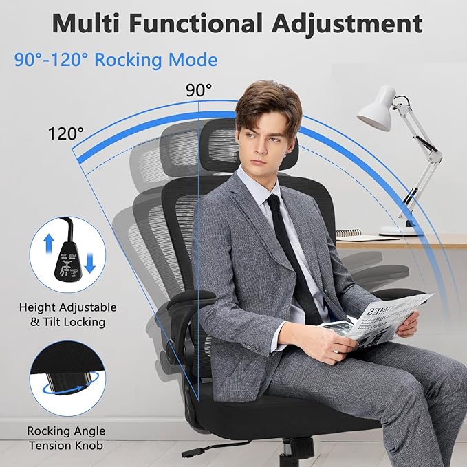 KLASIKA Desk Chairs with Wheels, Ergonomic Mesh Back Home Office Chair with Headrest, Adjustable Lumbar Support Swivel Rolling Computer Chairs with Flip Up Armrests for Conference Meeting Room, Black