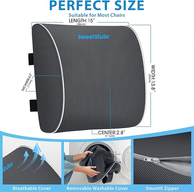 SweetSlubr Large Lumbar Support Pillow for Office Chair, Car Seats and Home Desks, Ergonomic Back Support with Double Adjustable Straps, Machine Washable Cover, Grey