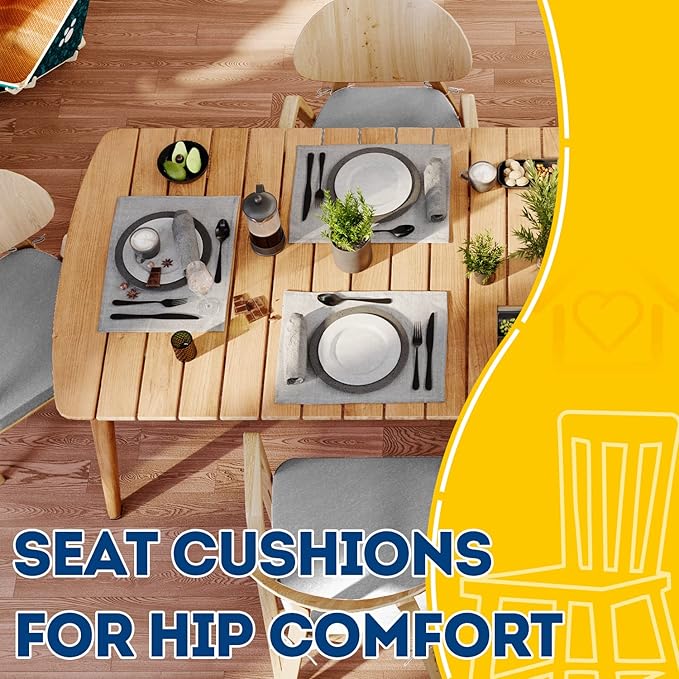 AAAAAcessories D-Shaped Chair Cushions, 2" Thick Dining Chair Pads with Ties and Removable, Machine-Washable Cover, 17" x 16", Set of 4, Light Gray