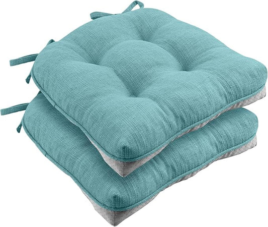 Wellsin Chair Cushions for Dining Chairs, Non-Slip Kitchen Chair Pads with Ties, Tufted Shredded Foam Kitchen Chair Cushions Set of 2, 15.5" X 15.5", Aqua Blue