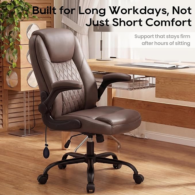 MALOL Leather Office Chair, Home Desk Chair with Adjustable Lumbar Support, Thick Cushion, Flip-Up Arms and Ergonomic Back, Comfy Executive Office Chair for Home Office, Brown