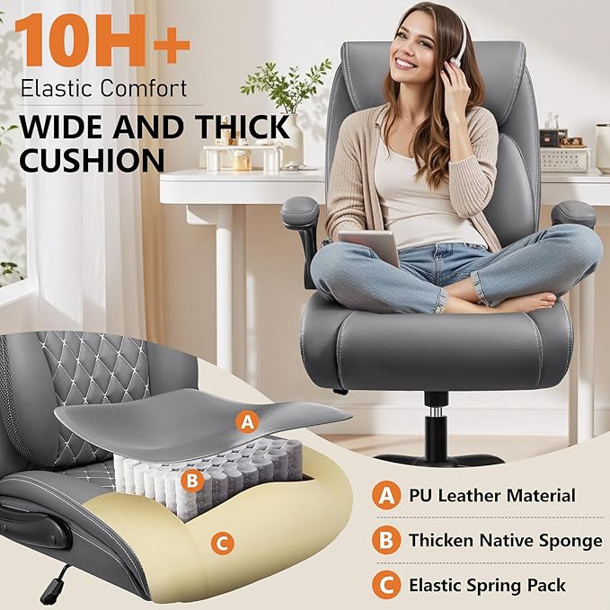 BESTFAIR Office Chair, Executive Computer Desk Chair with Lumbar Support for Lower Back Pain Relief, Ergonomic Leather Home Chair Comfy with Padded Flip-up Arms and Adjustable Armrests, Gray