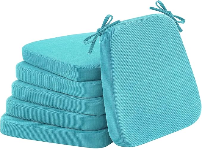 2'' Thick High-Density Foam Indoor Chair Cushions | Dining Chair Pads with Ties, Removable Washable Cover, Kitchen Chair Cushions 17"x16",Turquoise 6 Pack