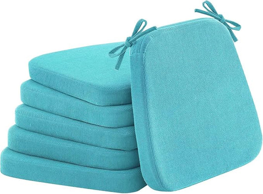 2'' Thick High-Density Foam Indoor Chair Cushions | Dining Chair Pads with Ties, Removable Washable Cover, Kitchen Chair Cushions 17"x16",Turquoise 6 Pack