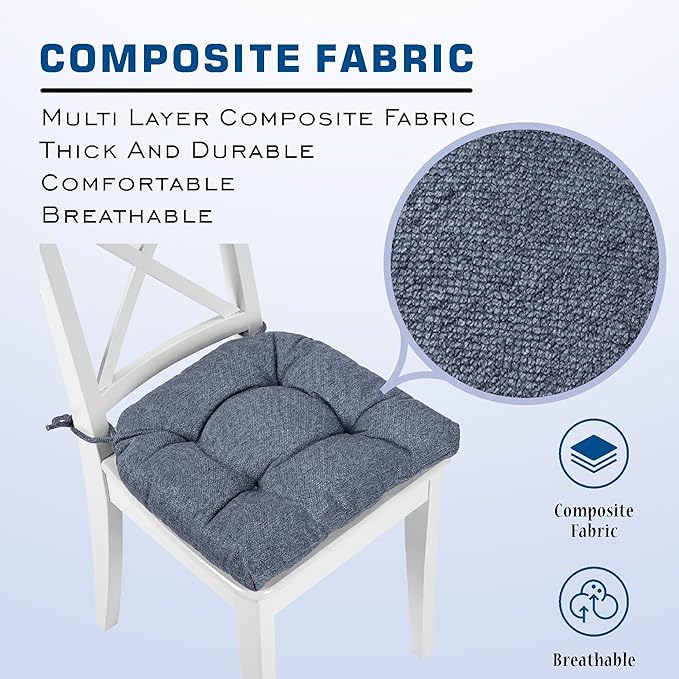 SQUARE MOON D-Shaped 3" Thick Chair Cushions, Chair Pads for Dining Chairs and Kitchen Chairs, Indoor Dining Room Seat Cushions with Ties, Machine Washable, 17" x 16" x 3", 4/Pack, Grayish Blue