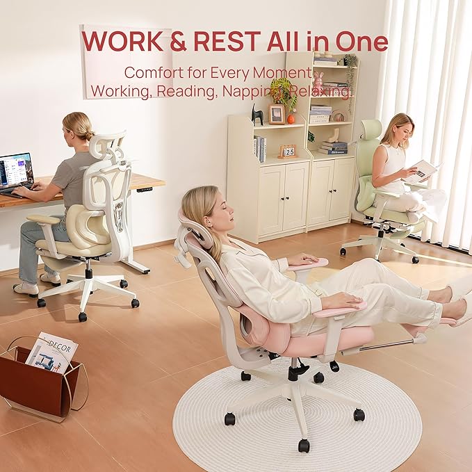CabLady S1 Petite Ergonomic Home Desk Chair with Footrest and Headrest, High Back Fixed Lumbar Support with Detachable Pillow, Reclining Cute Office Chair for Women & Girls, 300 LBS Capacity