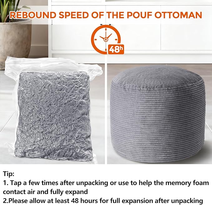 20" x 20" x 15" Pouf Ottoman Foot Rest, Pre-Stuffed Round Foot Stool with Odorless Shredded Memory Foam, Furry & Fluffy Corduroy Footrest for Living Room, Dark Grey