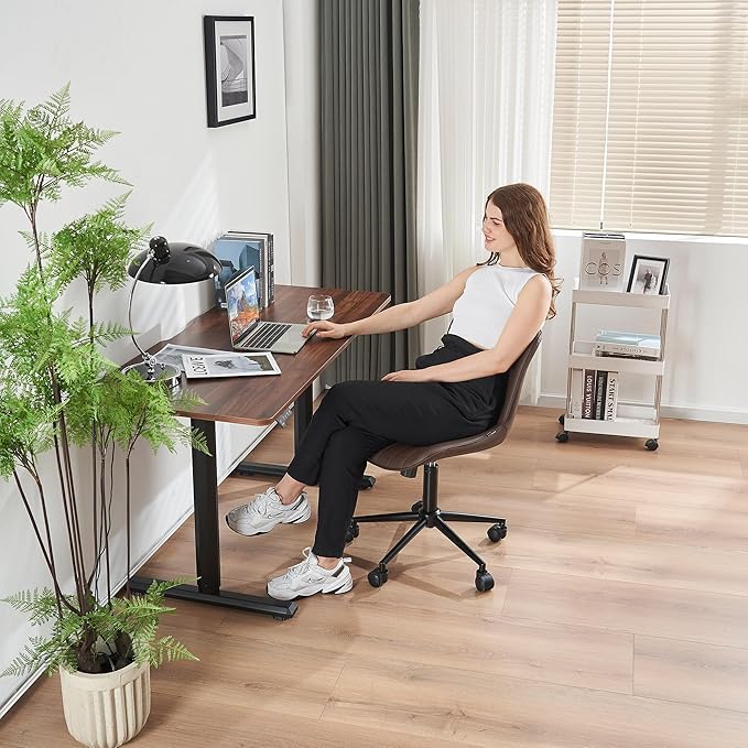 YOUNIKE Ergonomic Home Office Desk Chair with Wheels Comfy Armless Criss Cross Chair with Adjustable Back Modern Leather Upholstered Swivel Vanity Chair Small Cute Rolling Task Chair for Women Brown