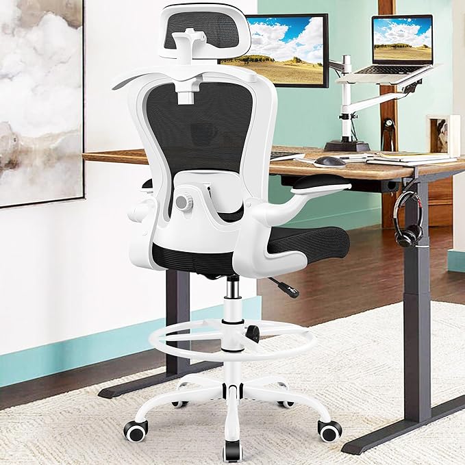 Drafting Chair, Tall Office Chair with 3D Lumbar & Head Support, Ergonomic Mesh Standing Desk Chair with Footring, Comfy Extended High Desk Chair with Flip-Up Arms & Hanger,White