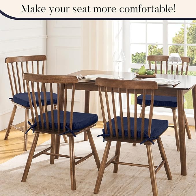 Basic Beyond Memory Foam Dining Chair Cushions, 6 Pack - Navy, 16 x 16 inches, Slip Resistant with Ties, Indoor Use, Modern Style, Resilient