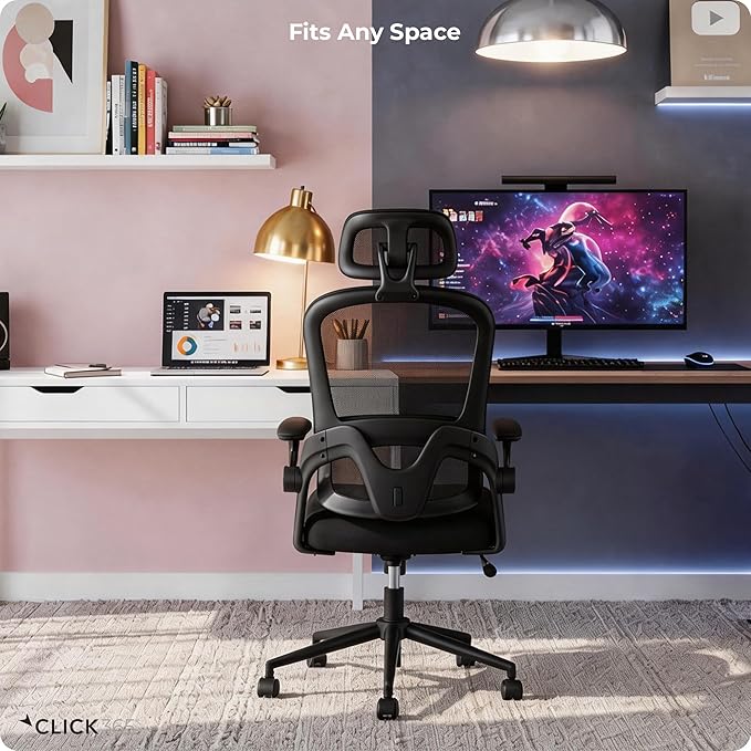 AeroCore M320 Ergonomic Office Chair, High Back Breathable Mesh Computer Chair with Lumbar Support, Adjustable Headrest & Tilt, Flip-Up Arms, 360° Swivel Home Office Desk Chair, Black