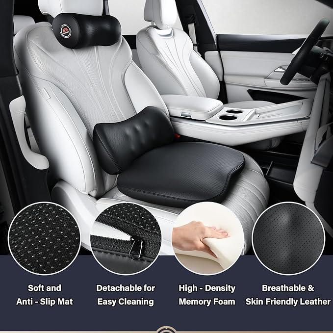 Coverado Seat Cushion and Lumbar Support Pillow for Driving Seat, Neck Headrest Pillow with Adjustable Strap, Soft and Breathable PU Leather, High Density Memory Foam for Neck & Lower Back Pain Relief
