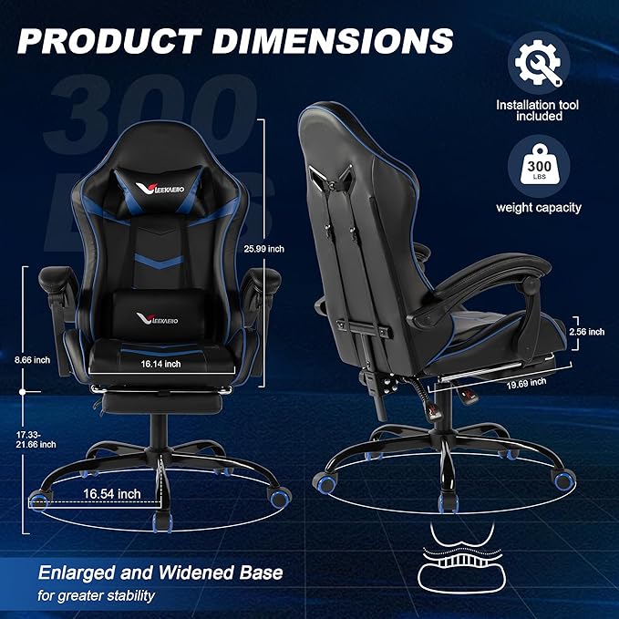 Gaming Chair for Adults, Ergonomic Gamer Chair with Footrest, Spring Pocket Cushion, Computer Office Desk Reclining Chair with Enlarged Metal Base, Linkage Armrests, Lumbar & Headrest (Blue)