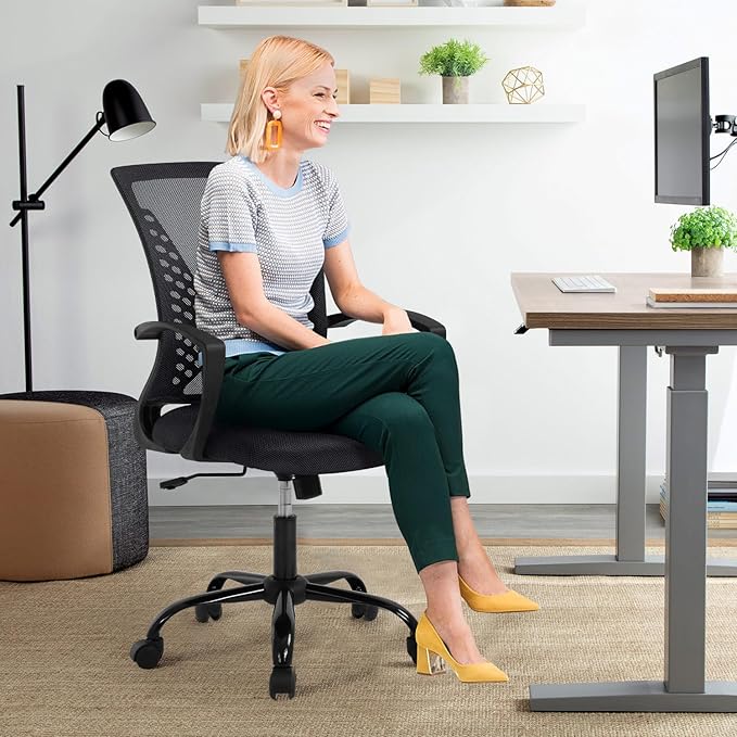 Ergonomic Office Chair with Lumbar Support - Adjustable Mesh Computer Chair for Home Office, Mid Back Swivel Task Chair with Arms, Breathable & Comfortable for Long Hours Work (Black)