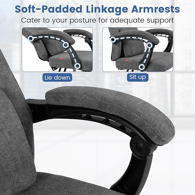 Giantex Reclining Office Chair, Chenille Fabric Desk Chair with Padded Linkage Armrests, Retractable Footrest, Neck & Lumbar Support, High-Back Ergonomic Executive Chair for Home Office, Gray