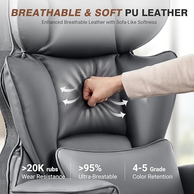 ALLGOD Office Chair Comfy, Big and Tall Executive Leather Chair, High Back Ergonomic Wide Chair with Footrest, Reclining Computer Desk Chair, Heavy Duty Gaming Chair with Padded Arm and Pillow, Grey