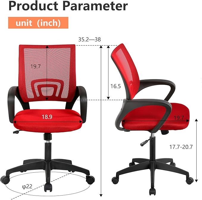 PayLessHere Home Office Desk Computer Chair - Adjustable Ergonomic With Lumbar Support, Armrest, High Density Mesh, 360 Degree Swivel for Adults (Pack of 2, Red)