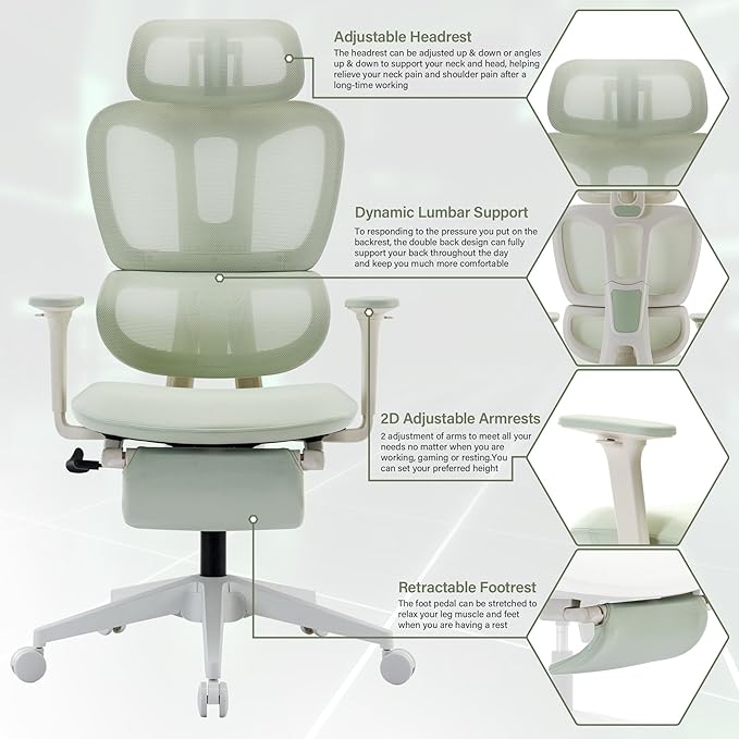 Ergonomic Office Chair with Footrest, High Back Computer Office Chair with Dynamic Lumbar Support, 2D Headrest, 2D Armrest, Sponge Seat, Mesh Home Office Desk Chair for Adults, Green