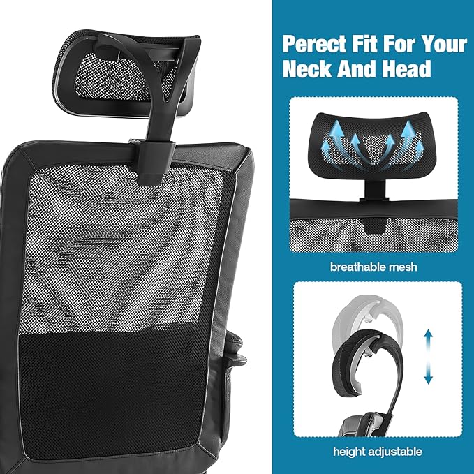 OLIXIS Ergonomic High Back Office Chair – Breathable Mesh with Adjustable Headrest and Lumbar Support, Executive Padded Armrest, Height Computer Task Swivel Rolling, Black (WY56597BK)